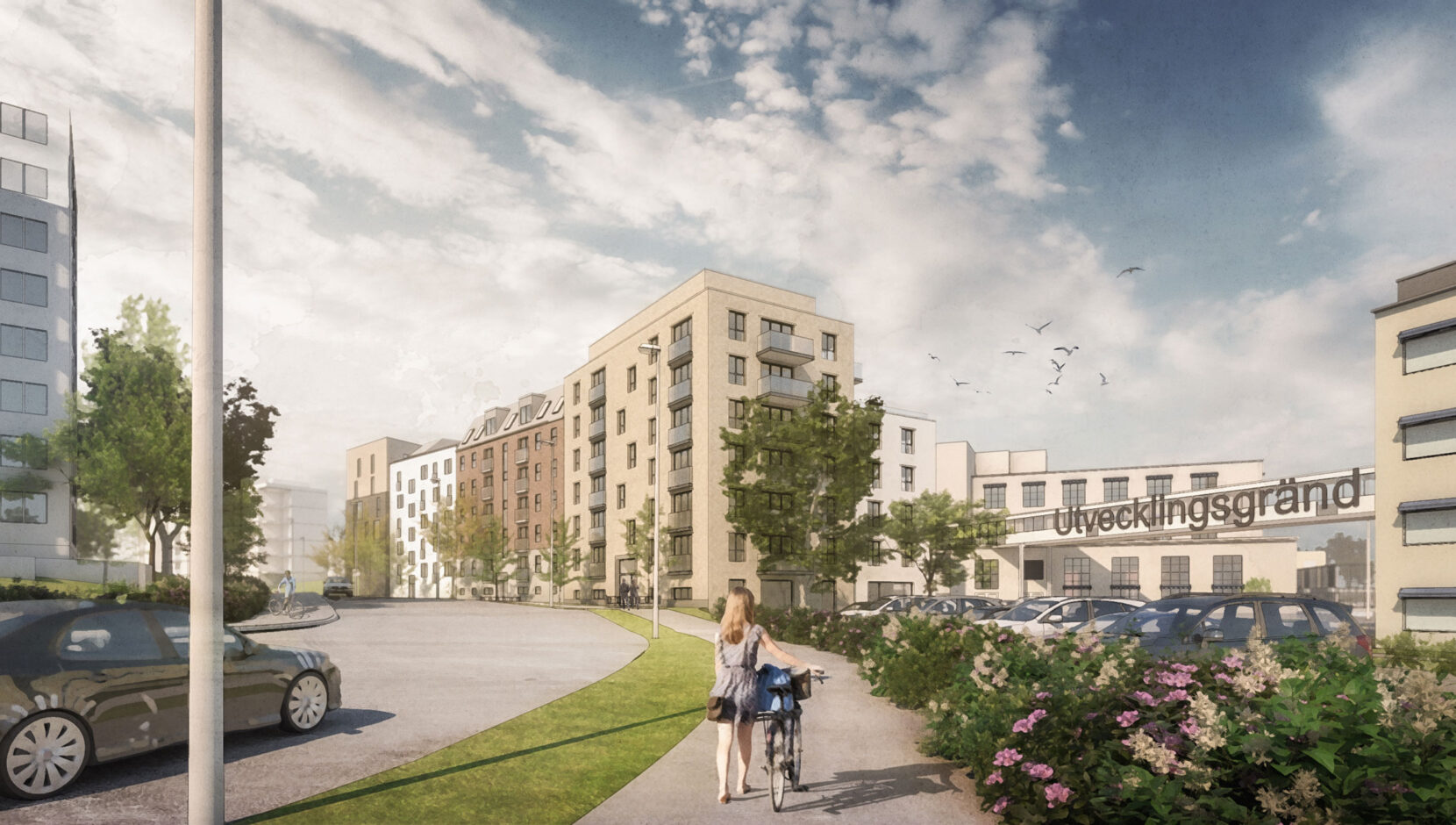 Arkitektritad illustration över Archus stadsutvecklade område Isolator med moderna byggander i grön miljö