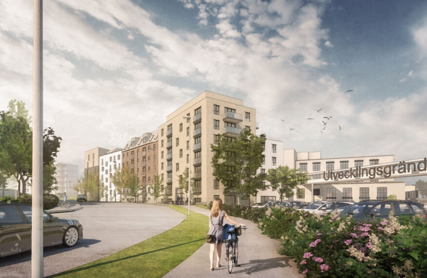 Arkitektritad illustration över Archus stadsutvecklade område Isolator med moderna byggander i grön miljö