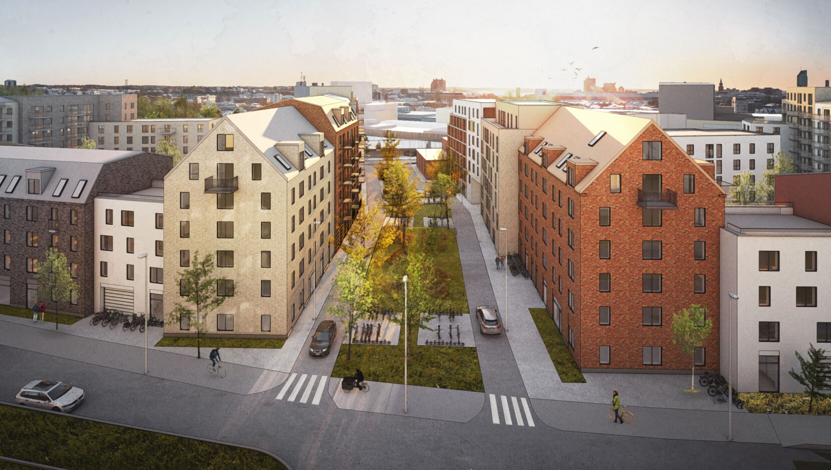 Arkitektritad vy över Archus stadsutvecklade område Isolator med byggnader i varierande färg och material