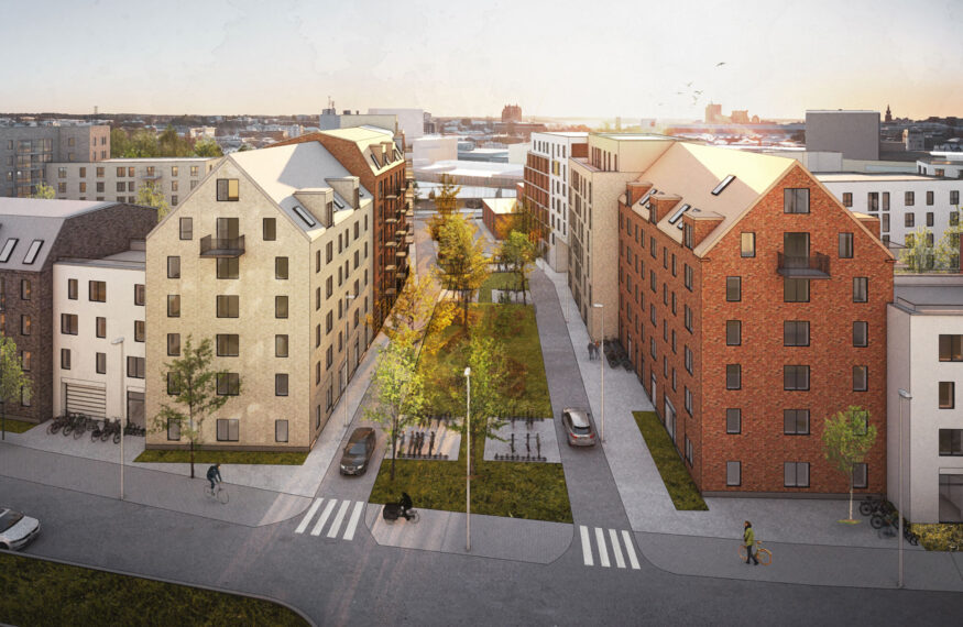 Arkitektritad vy över Archus stadsutvecklade område Isolator med byggnader i varierande färg och material