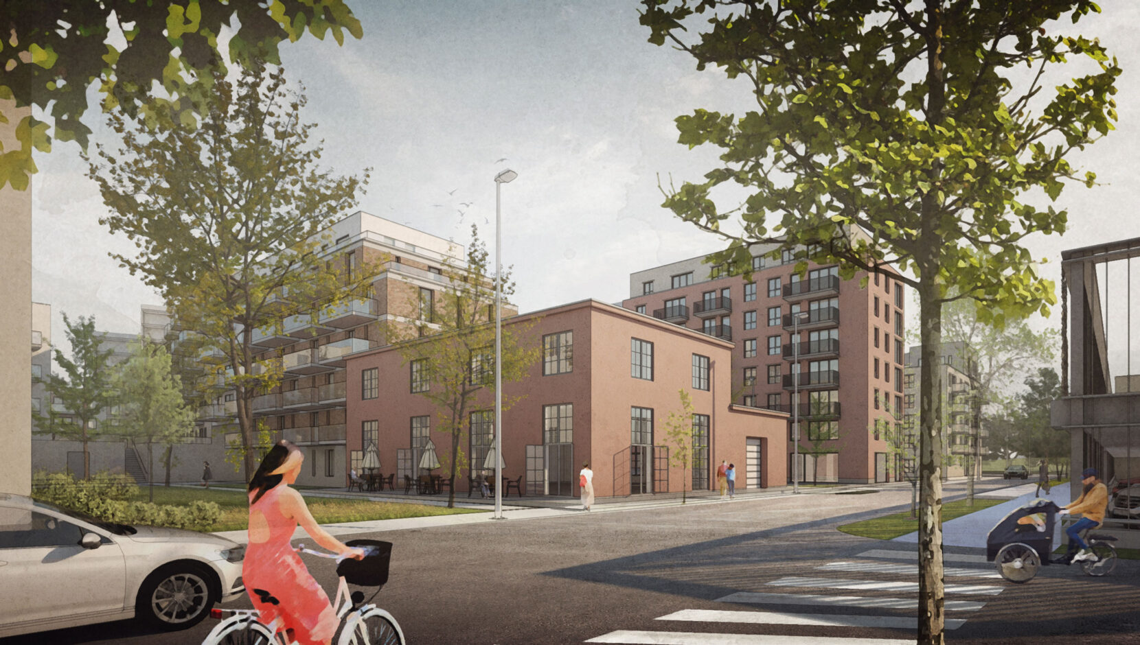 Arkitektritad illustration över Archus stadsutvecklade område Isolator med moderna byggander i varierande höjd