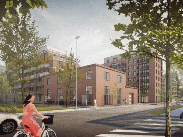 Arkitektritad illustration över Archus stadsutvecklade område Isolator med moderna byggander i varierande höjd